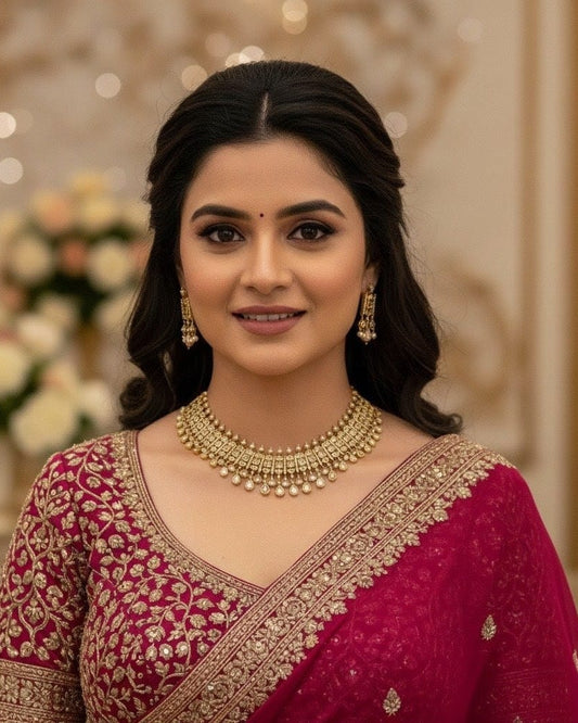 Gold-Toned Kundan Choker Necklace Set with Matching Drop Earring CH014