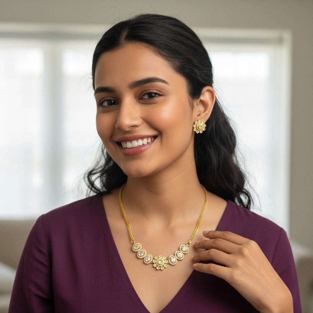 Gold-Plated Floral Necklace Set with White Stone Inlay and Oval Links VCT009