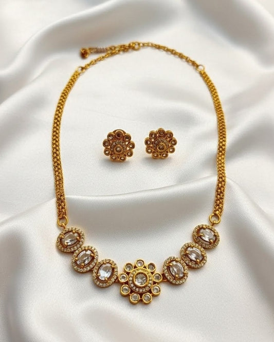 Gold-Plated Floral Necklace Set with White Stone Inlay and Oval Links VCT009