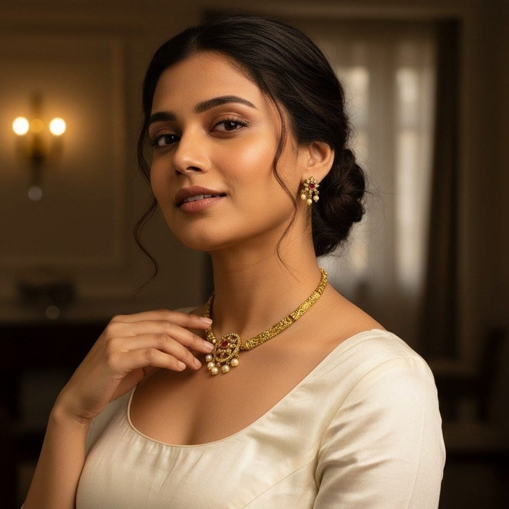 Antique Gold-Plated Choker Set with Ruby Stones, Kundan Work, and pearl Droplets CH011