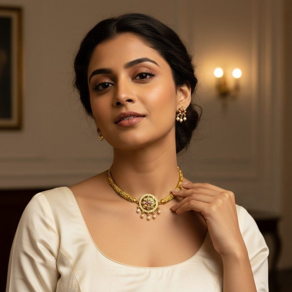 Antique Gold-Plated Choker Set with Ruby Stones, Kundan Work, and pearl Droplets CH011