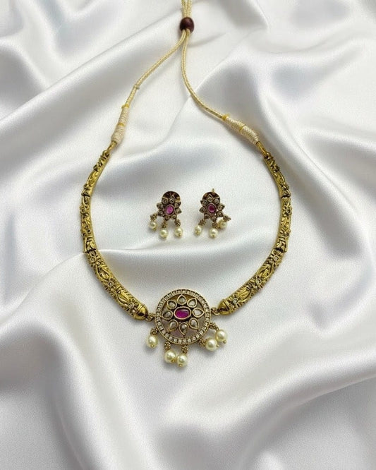 Antique Gold-Plated Choker Set with Ruby Stones, Kundan Work, and pearl Droplets CH011