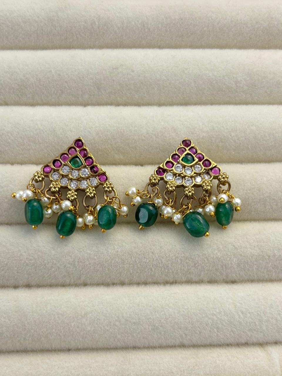 Traditional Multi-Color Stone Jhumka-Style Studs with Pearl Drops STD014
