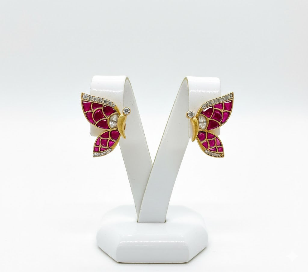 18K Gold Butterfly Pink Real Kundan Stud Earrings STD014