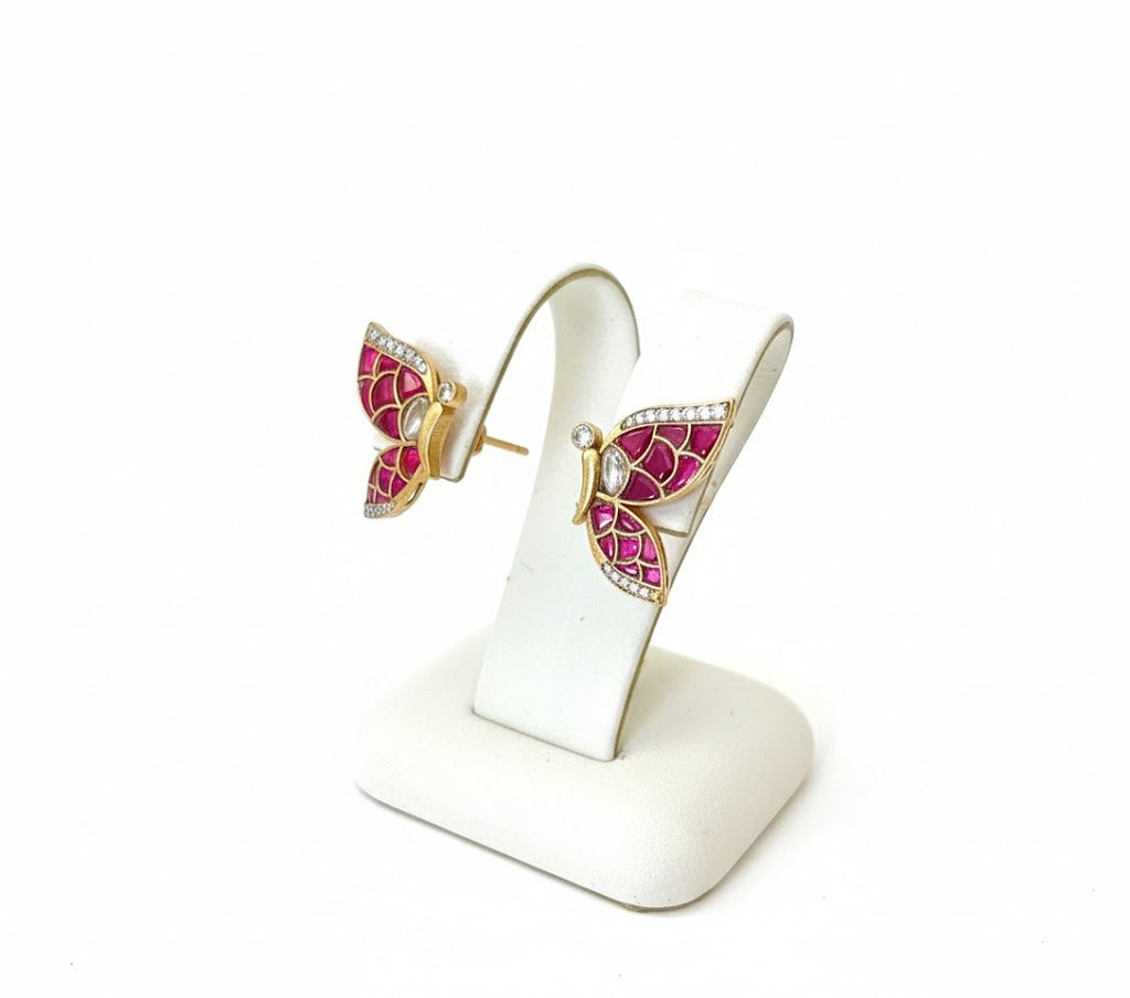 18K Gold Butterfly Pink Real Kundan Stud Earrings STD014