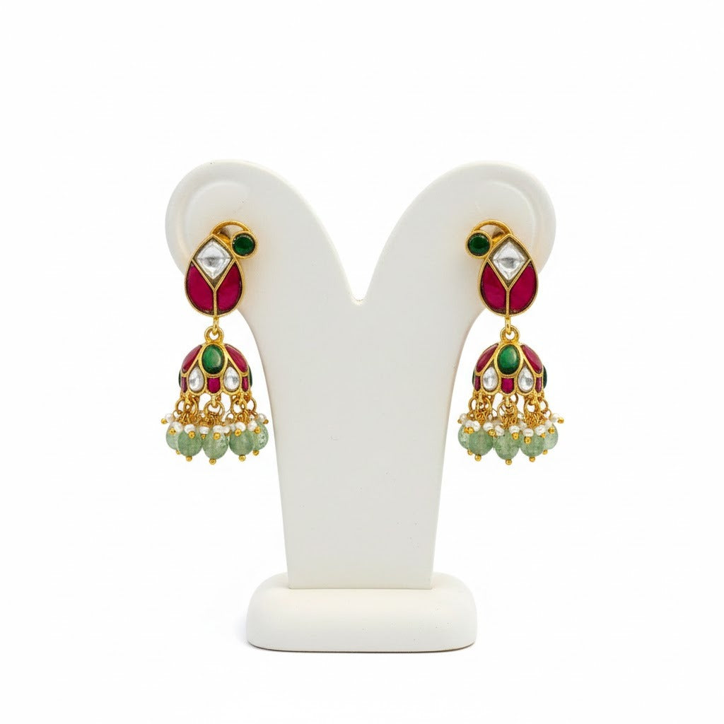 Traditional Real Kundan Half Jhumka with Mint Green Beads JMK001