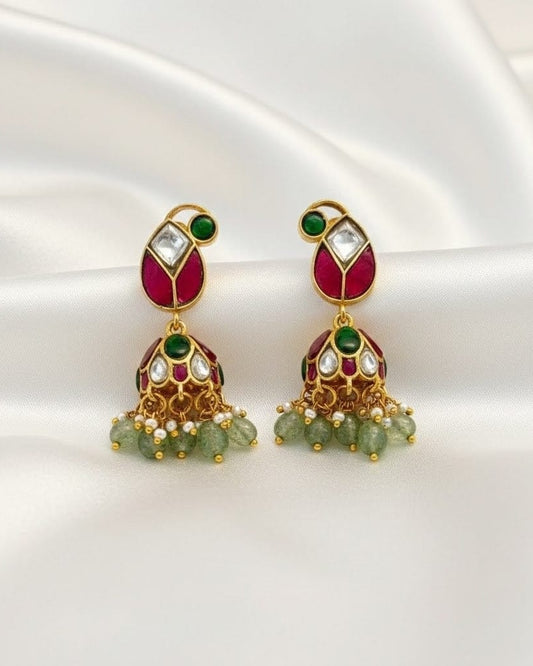 Traditional Real Kundan Half Jhumka with Mint Green Beads JMK001