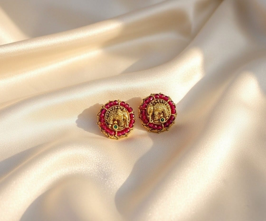 Antique Gold Elephant Ruby Stud Earrings STD015