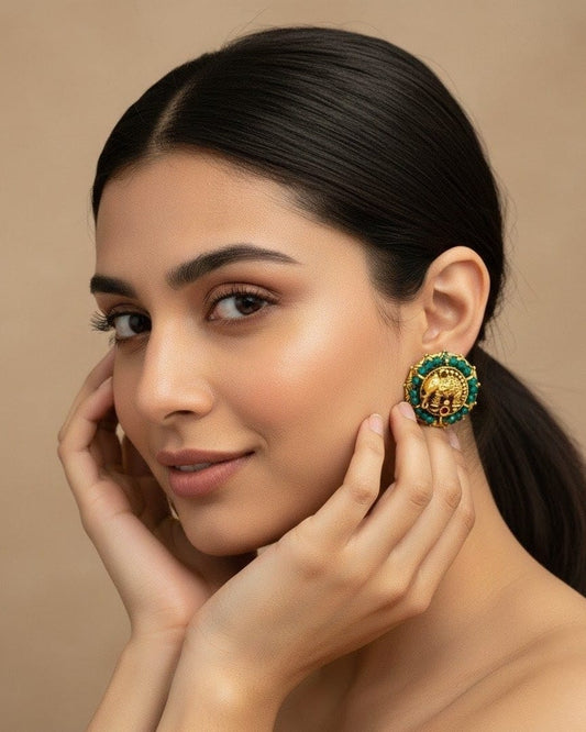 Antique Gold Elephant Emerald Green Stud Earrings STD016