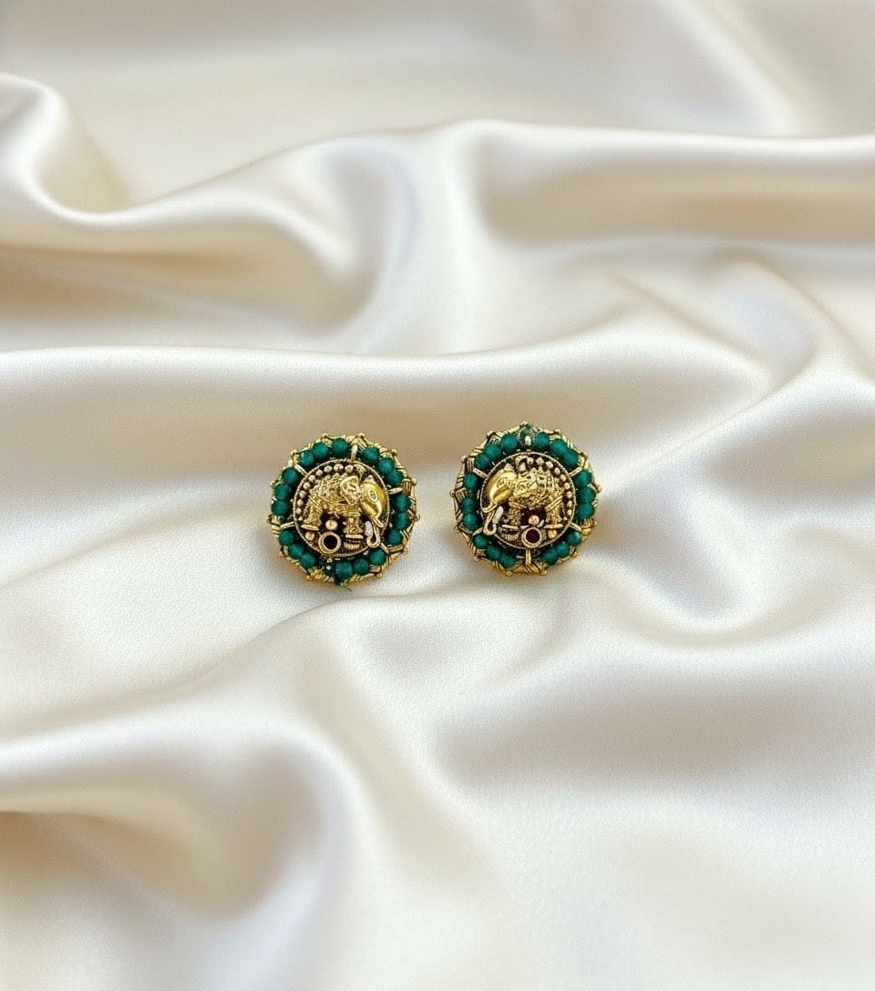 Antique Gold Elephant Emerald Green Stud Earrings STD016