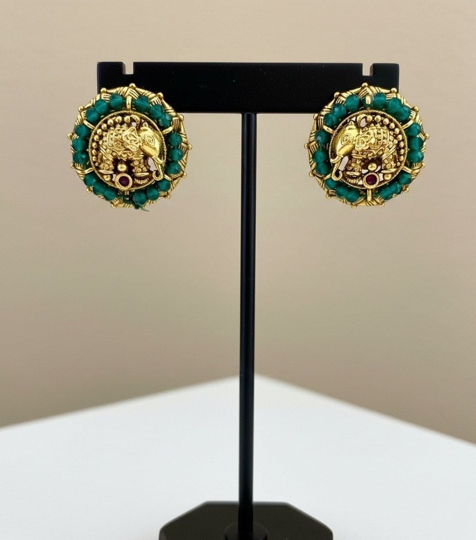Antique Gold Elephant Emerald Green Stud Earrings STD016