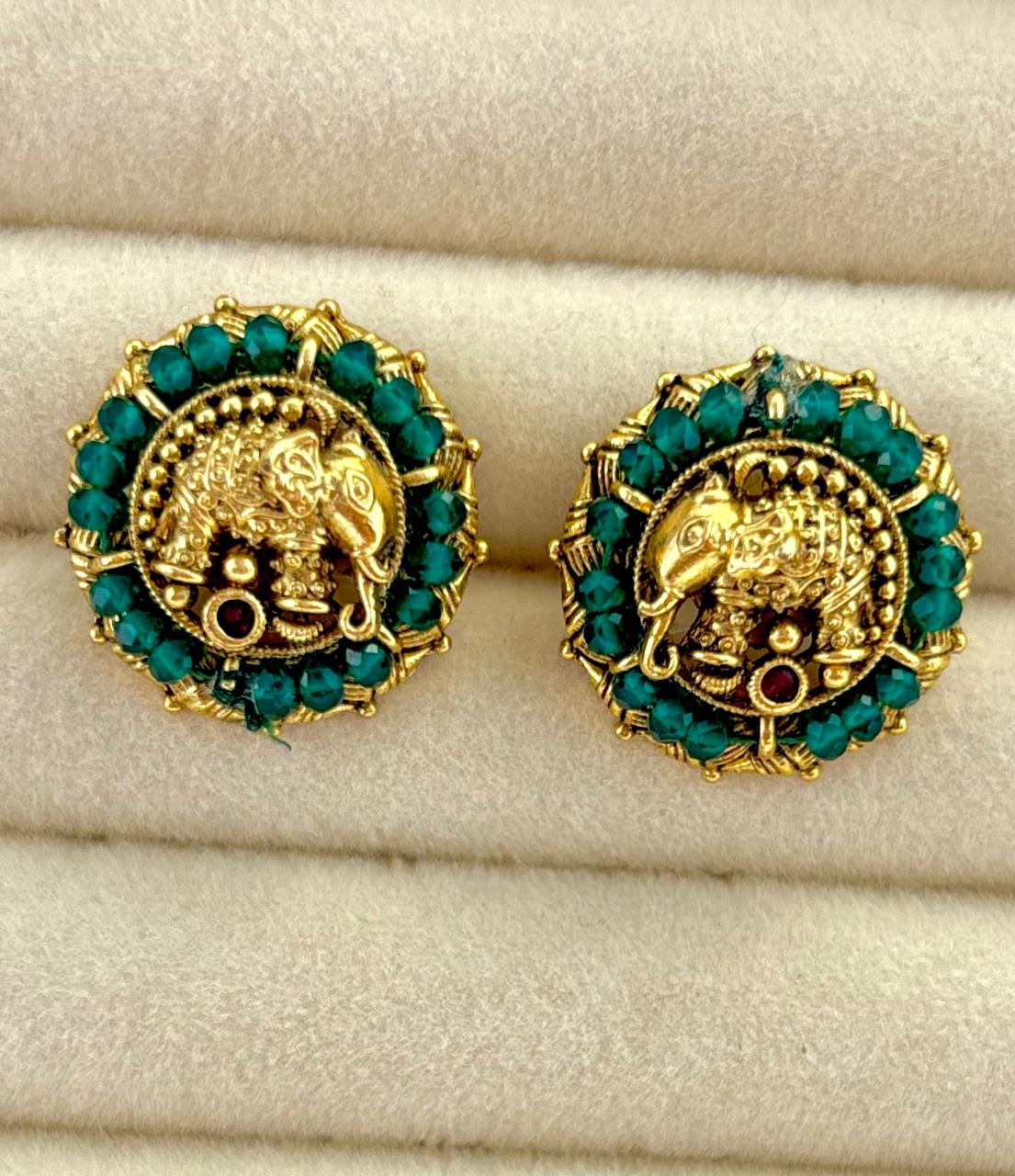 Antique Gold Elephant Emerald Green Stud Earrings STD016