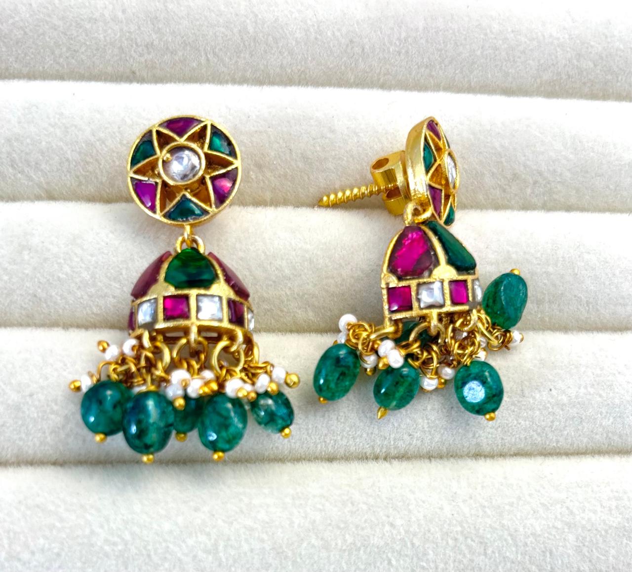 Traditional Real Kundan Half Jhumka with Green Beads JMK004