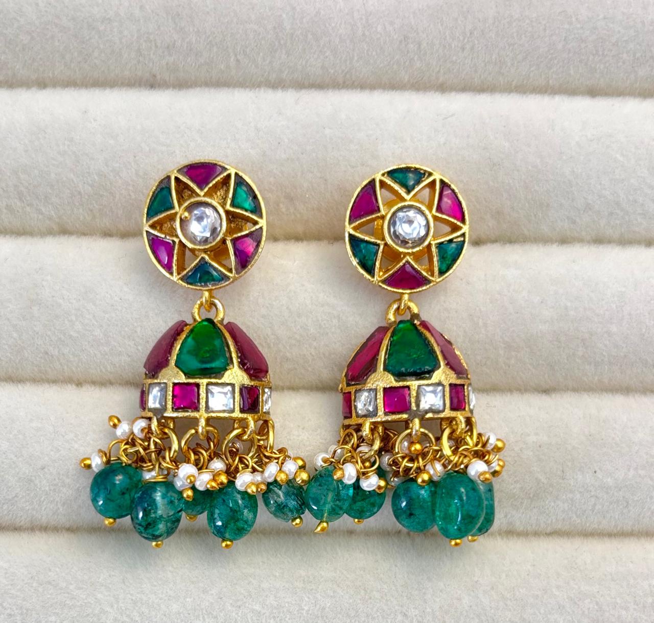 Traditional Real Kundan Half Jhumka with Green Beads JMK004