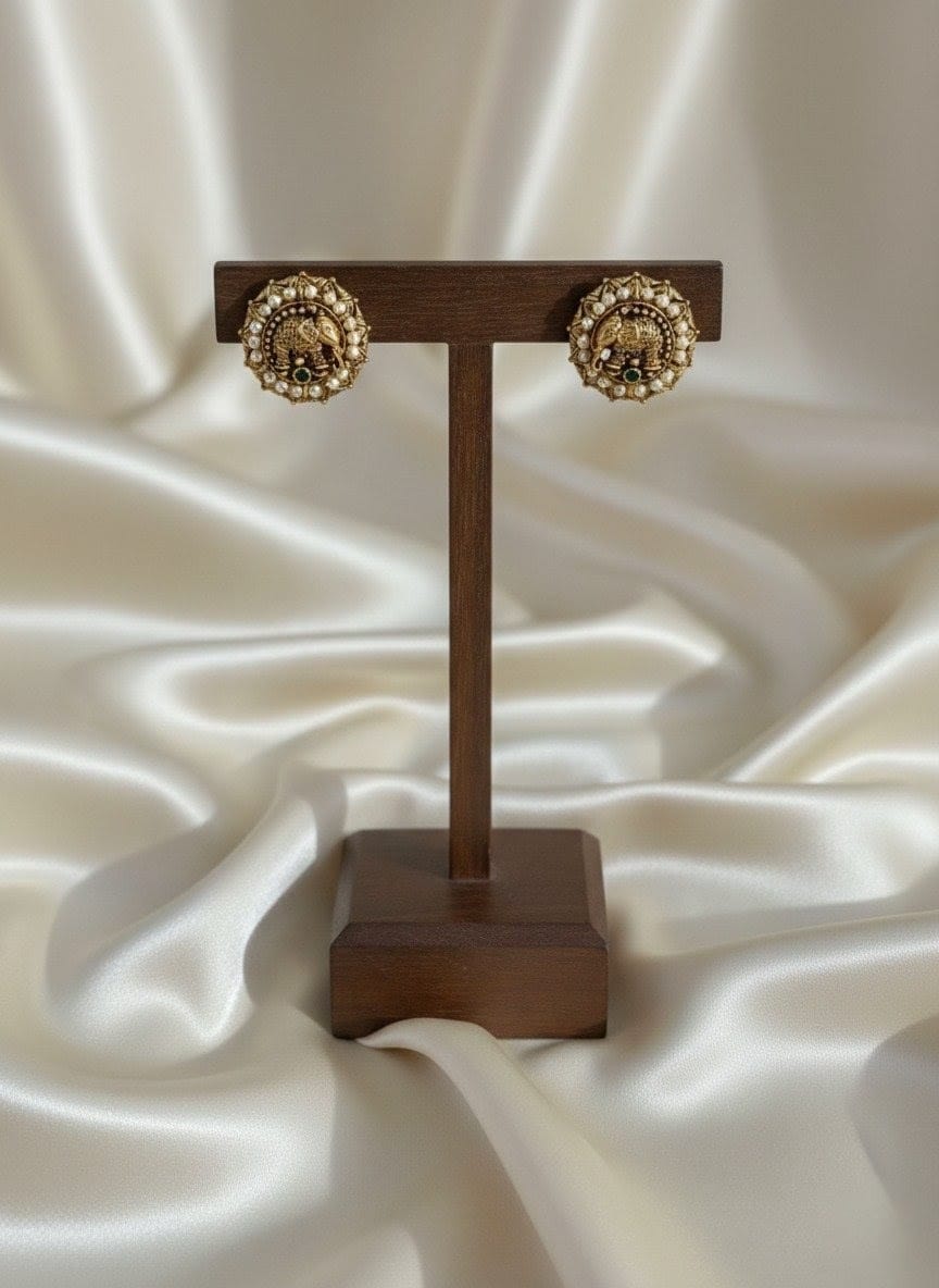 Antique Gold Elephant Pearl Stud Earrings STD017