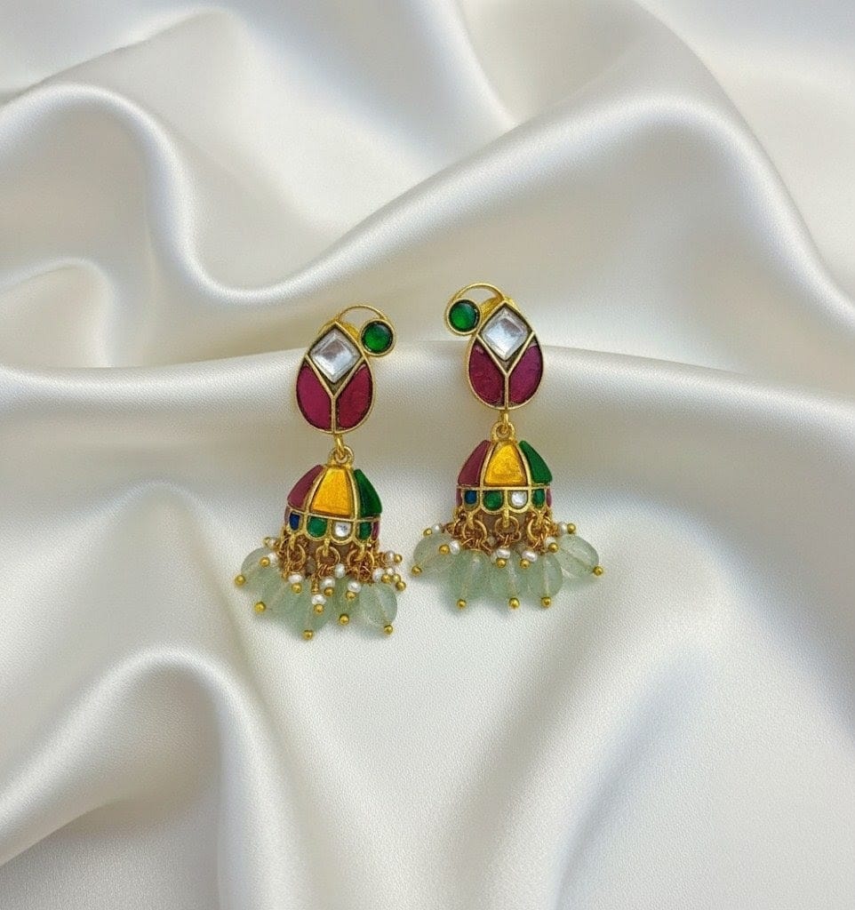 Traditional Real Kundan Half Jhumka with Mint Green Beads JMK003