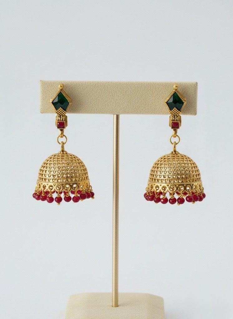 Antique Gold Jhumkis Earrings with Ruby Red Beads JMK006