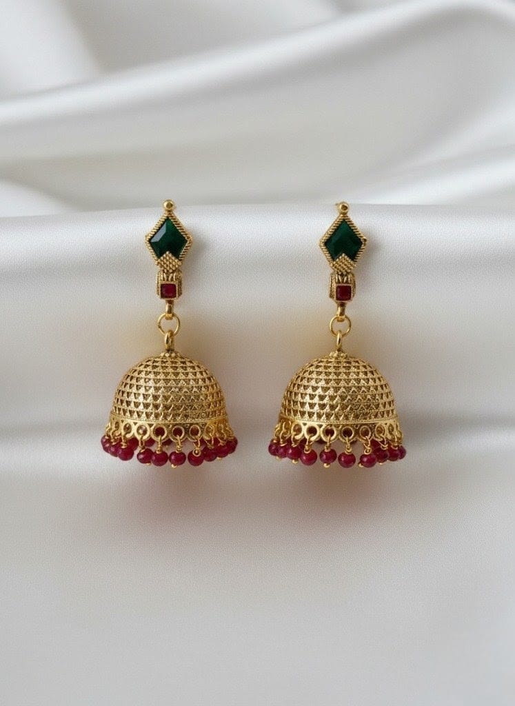 Antique Gold Jhumkis Earrings with Ruby Red Beads JMK006