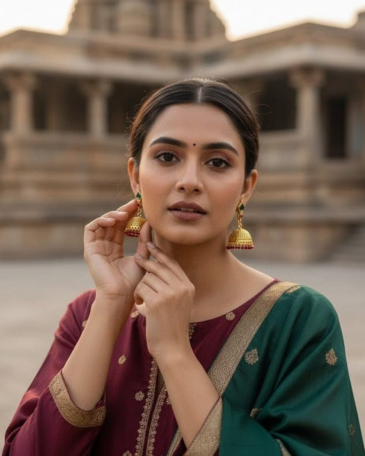 Antique Gold Jhumkis Earrings with Ruby Red Beads JMK006