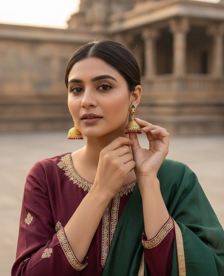 Antique Gold Jhumkis Earrings with Ruby Red Beads JMK006