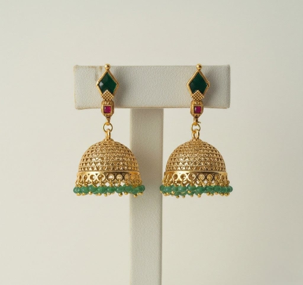 Antique Gold Jhumkis Earrings with Green Beads JMK007