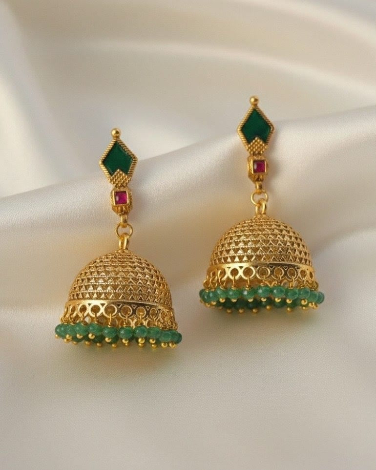 Antique Gold Jhumkis Earrings with Green Beads JMK007