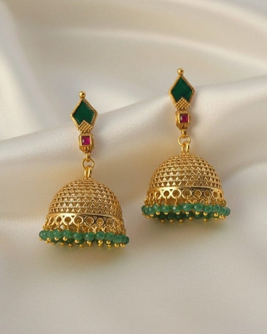 Antique Gold Jhumkis Earrings with Green Beads JMK007