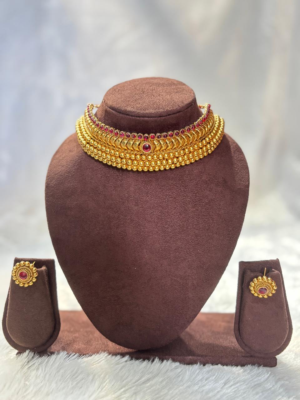 Traditional Glod- Plated Choker Necklace Set with Ruby Stones CH001