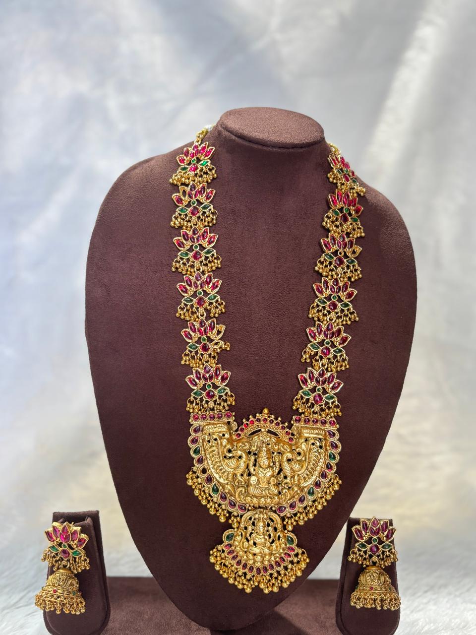 Kemp Stone Lotus Long Necklace with Lakshmi Pendant Set LN001