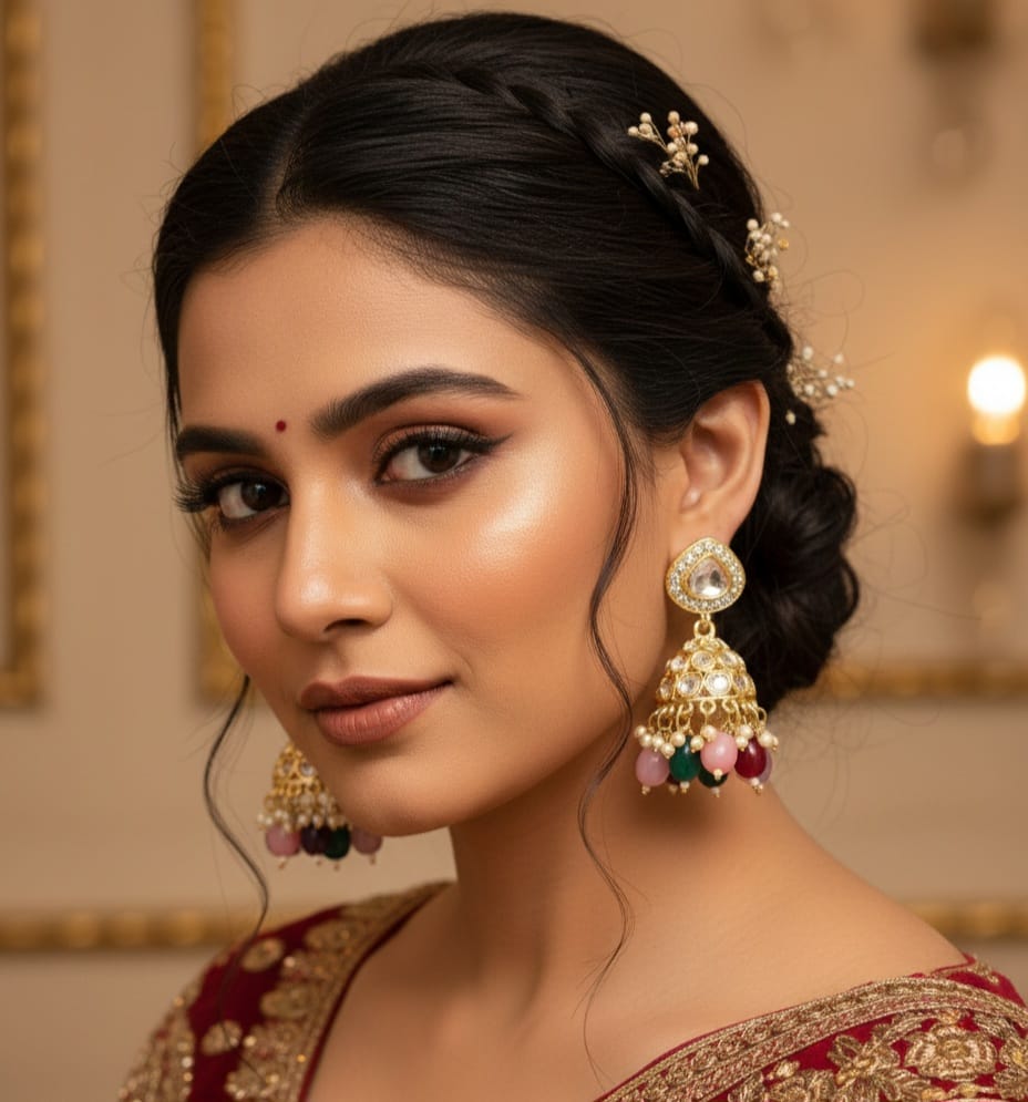 Elegant Gold-Tone Kundan Jhumki with Colorful Beads CHB001