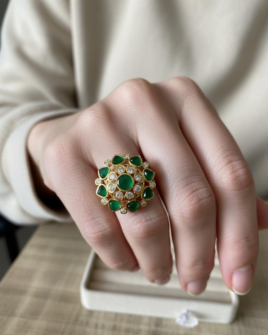 Adjustable Kundan Ring with Emarald and White Crystals with 18K Gold Plated RNG019