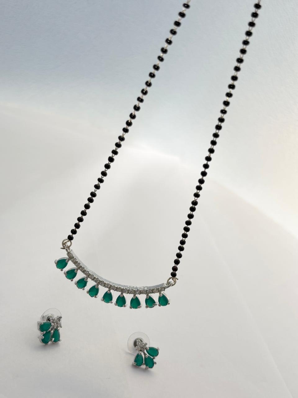 Elegant Emerald and Diamond Curved Mangal Sutra Set with Matching Earrings MNG002