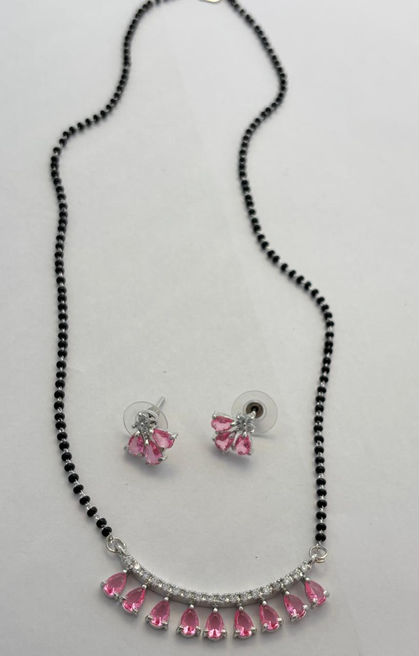 Modern Silver-Plated Mangal Sutra Set with Pink Teardrop Stones and Matching Earrings MNG004