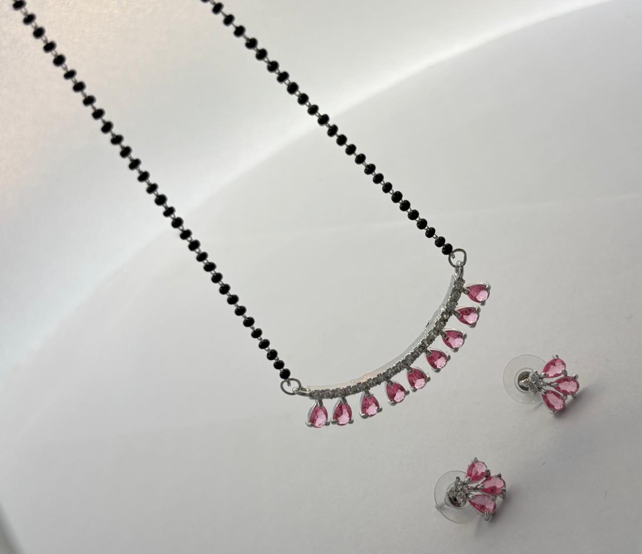 Modern Silver-Plated Mangal Sutra Set with Pink Teardrop Stones and Matching Earrings MNG004