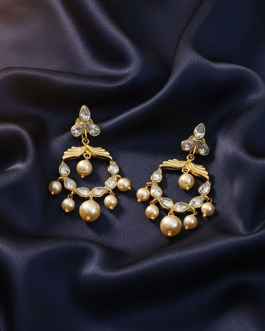 Gold-Plated Kundan Chandbalis Earrings with Pearl Drops CHB008