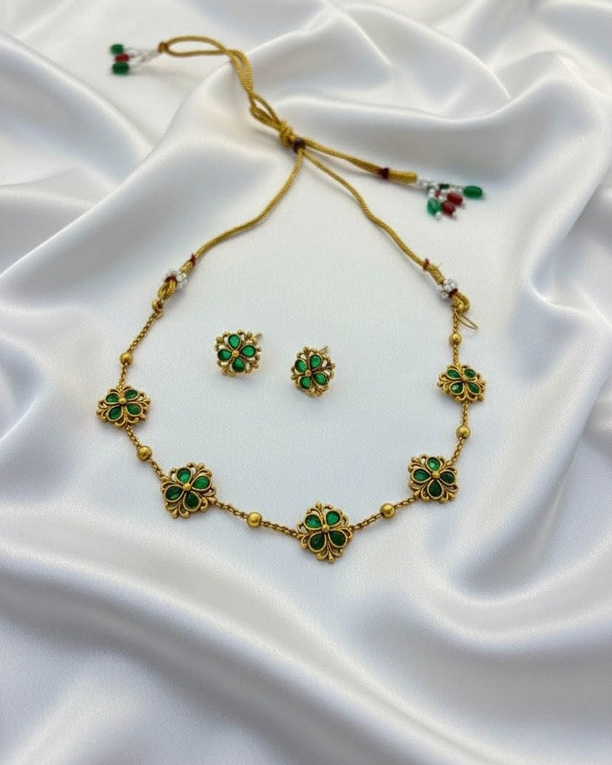 Elegant Emerald Green Floral Choker Set with Matching Stud Earrings CH005