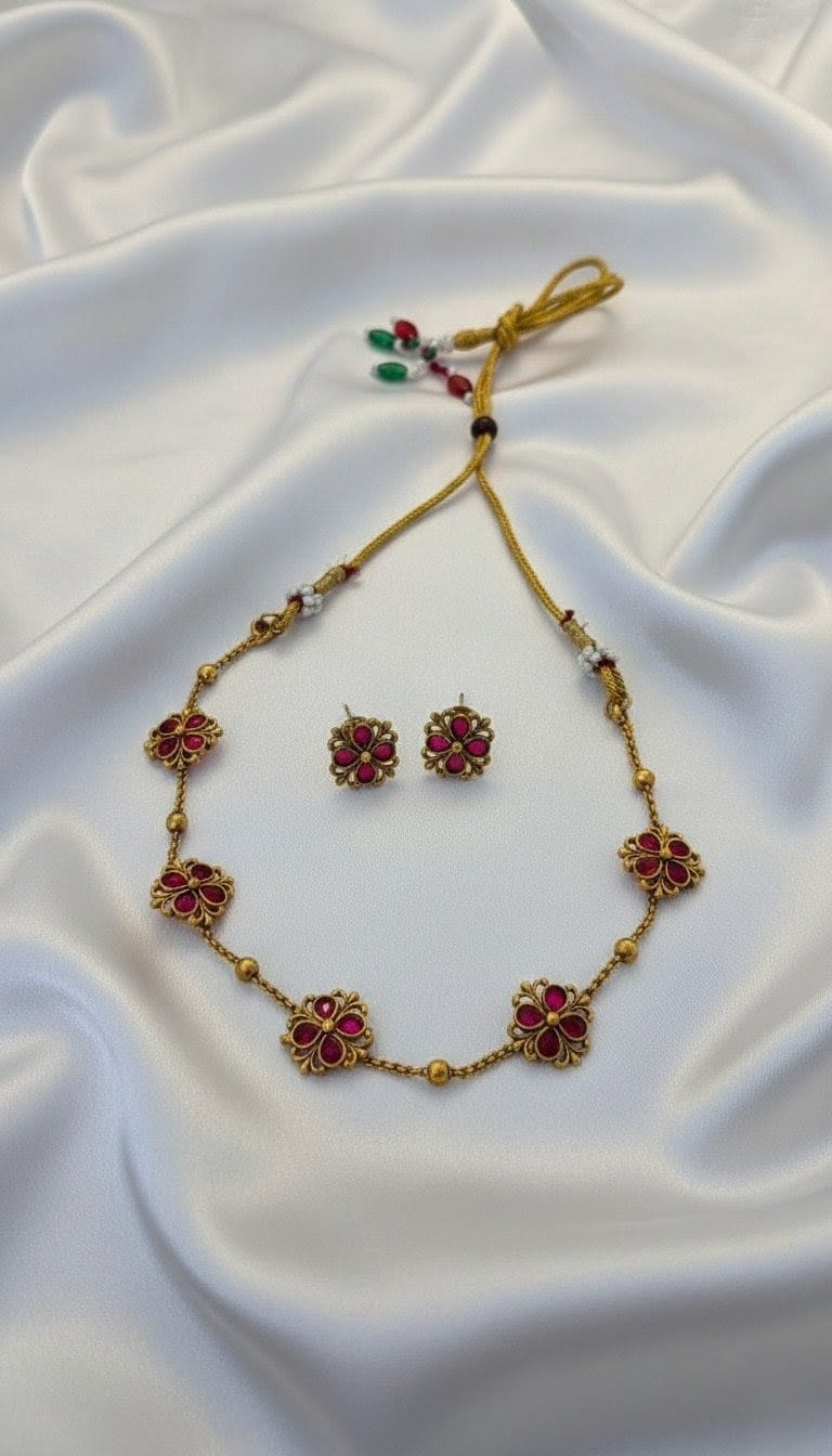 Elegant Ruby Red Floral Choker Set with Matching Stud Earrings CH004