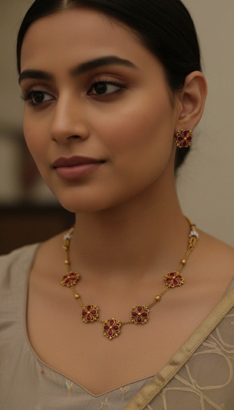 Elegant Ruby Red Floral Choker Set with Matching Stud Earrings CH004