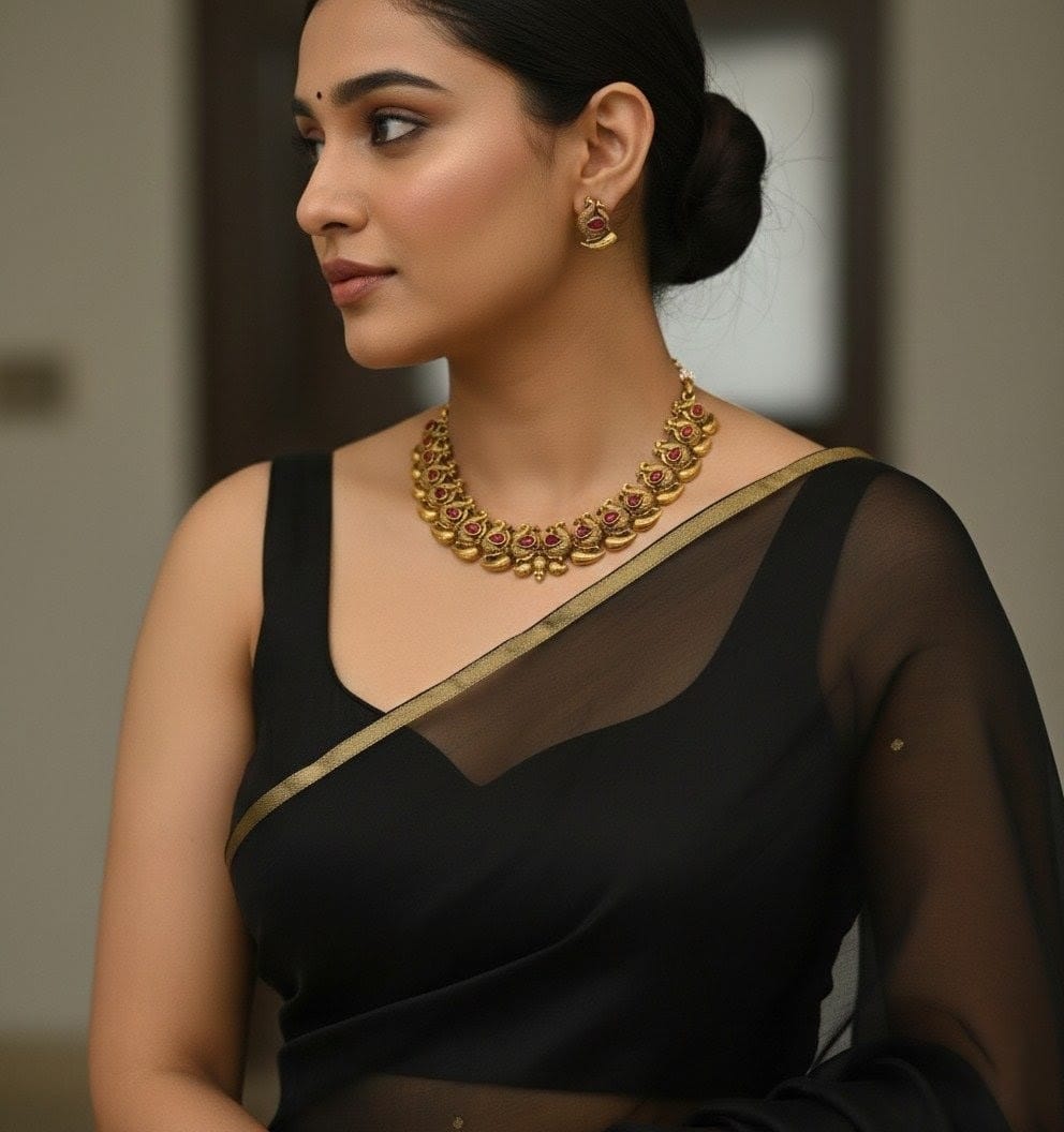 Traditional South Indian Gold-Plated Peacock and Mango Design Necklace set with Rani Pink CH007