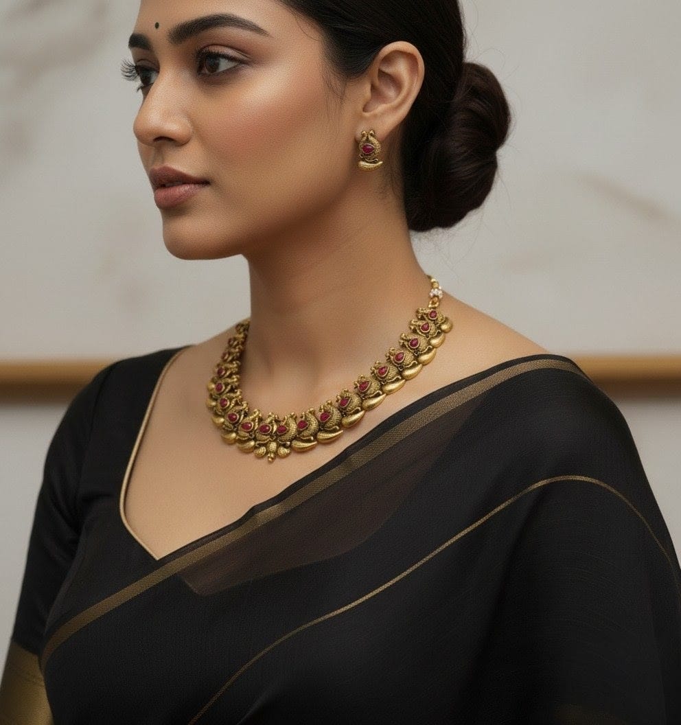 Traditional South Indian Gold-Plated Peacock and Mango Design Necklace set with Rani Pink CH007