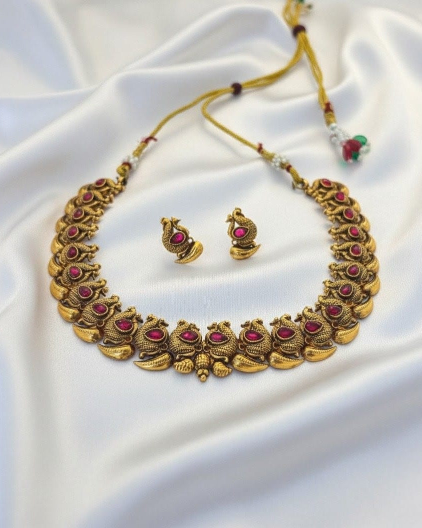 Traditional South Indian Gold-Plated Peacock and Mango Design Necklace set with Rani Pink CH007