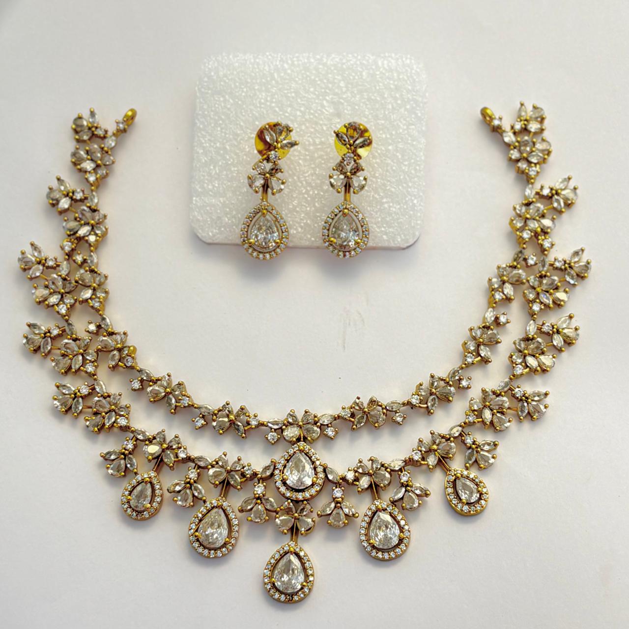 Crystal Floral Double-Layer Victorian Stone Necklace and Earring Set VCT008