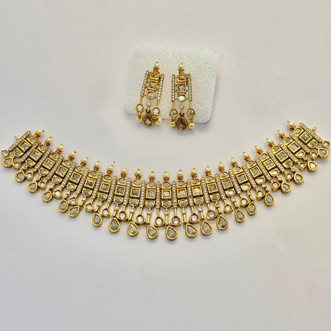 Gold-Toned Kundan Choker Necklace Set with Matching Drop Earring CH014