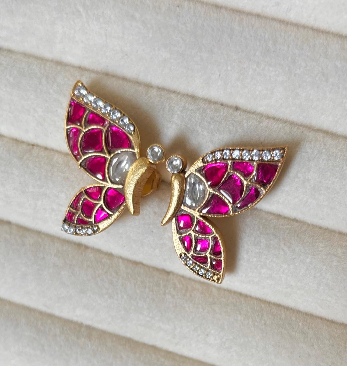 18K Gold Butterfly Pink Real Kundan Stud Earrings STD014