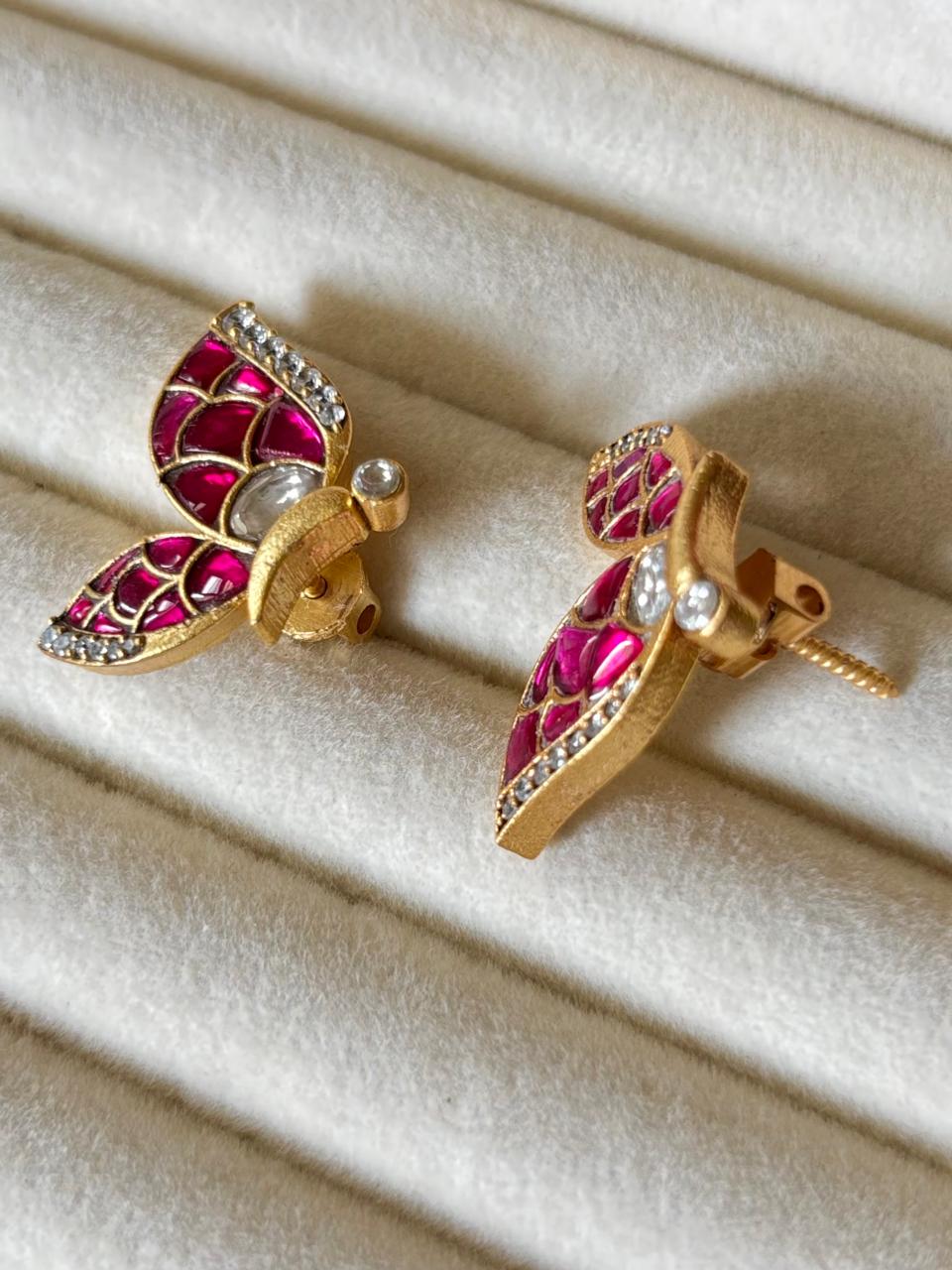 18K Gold Butterfly Pink Real Kundan Stud Earrings STD014