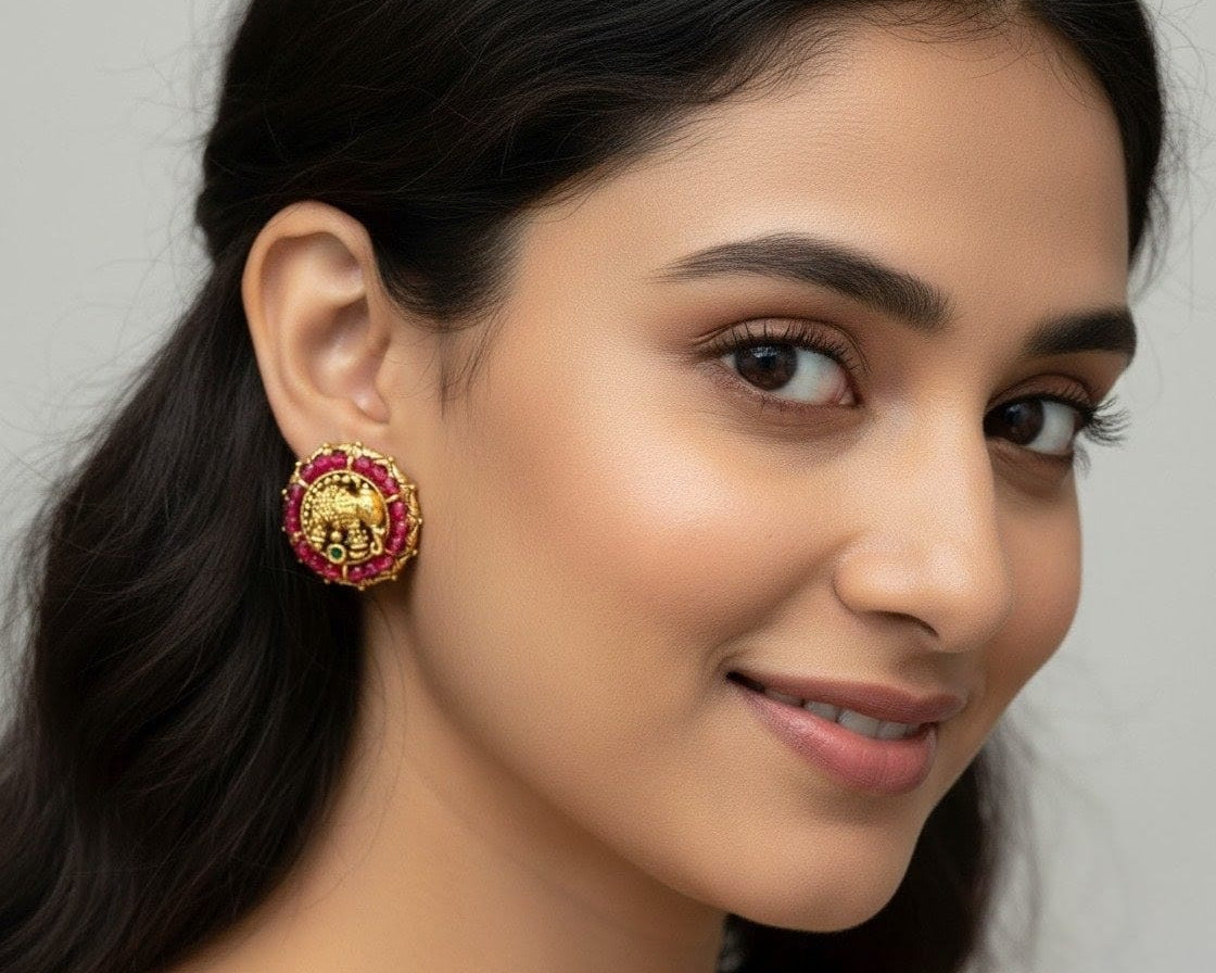 Antique Gold Elephant Ruby Stud Earrings STD015