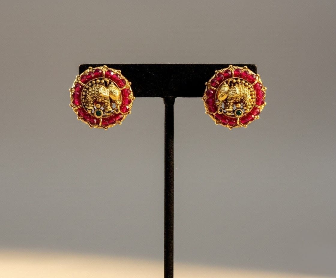 Antique Gold Elephant Ruby Stud Earrings STD015