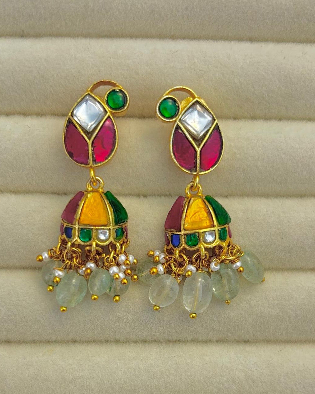 Traditional Real Kundan Half Jhumka with Mint Green Beads JMK003