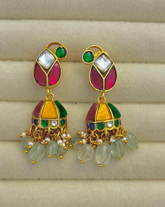 Traditional Real Kundan Half Jhumka with Mint Green Beads JMK003