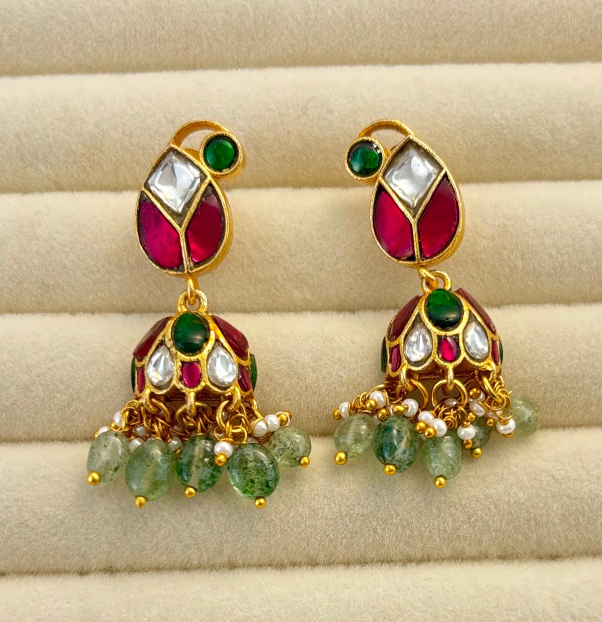 Traditional Real Kundan Half Jhumka with Mint Green Beads JMK001